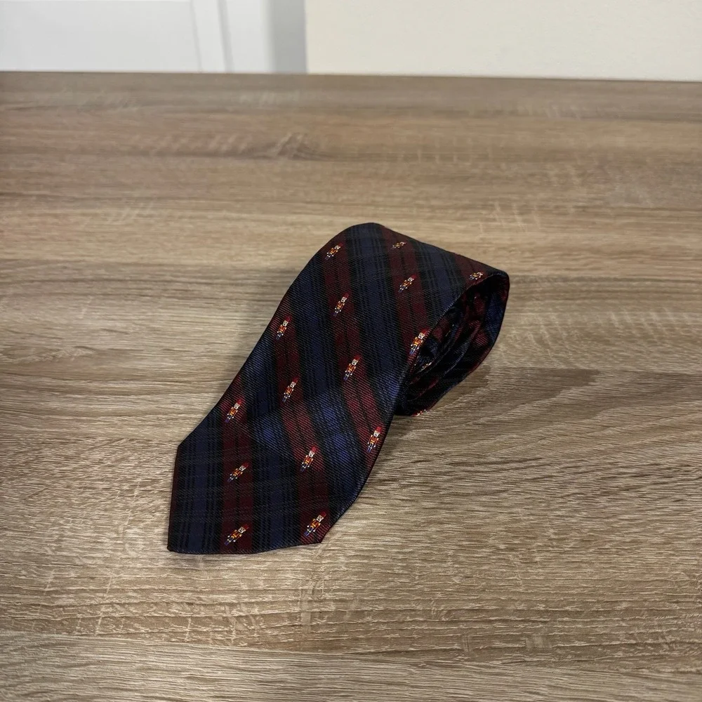 Brooks Brothers Silk Nutcracker Plaid Tie Navy Blue Burgundy Holiday Christmas